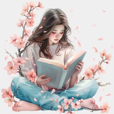Young Lady Reading a Book with flowers Thumbnail