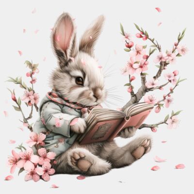 Rabbit Reading A Book With Flowers Thumbnail