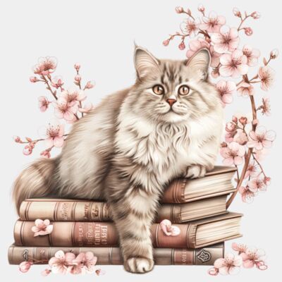 Cat laying On Books With Flowers  Thumbnail