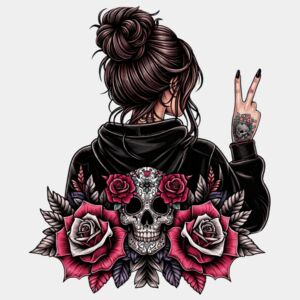 Messy Bun Peace Sign Skull & Roses Design (Back Print) Thumbnail