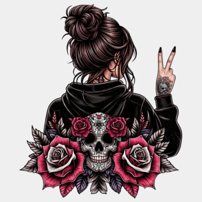 Messy Bun Peace Sign Skull & Roses Design (Back Print) Thumbnail